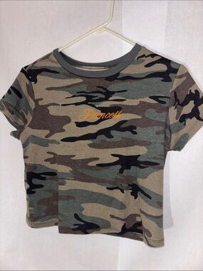 Zoe + Liv Cropped Camo Tee with Orange 'Princess' Script